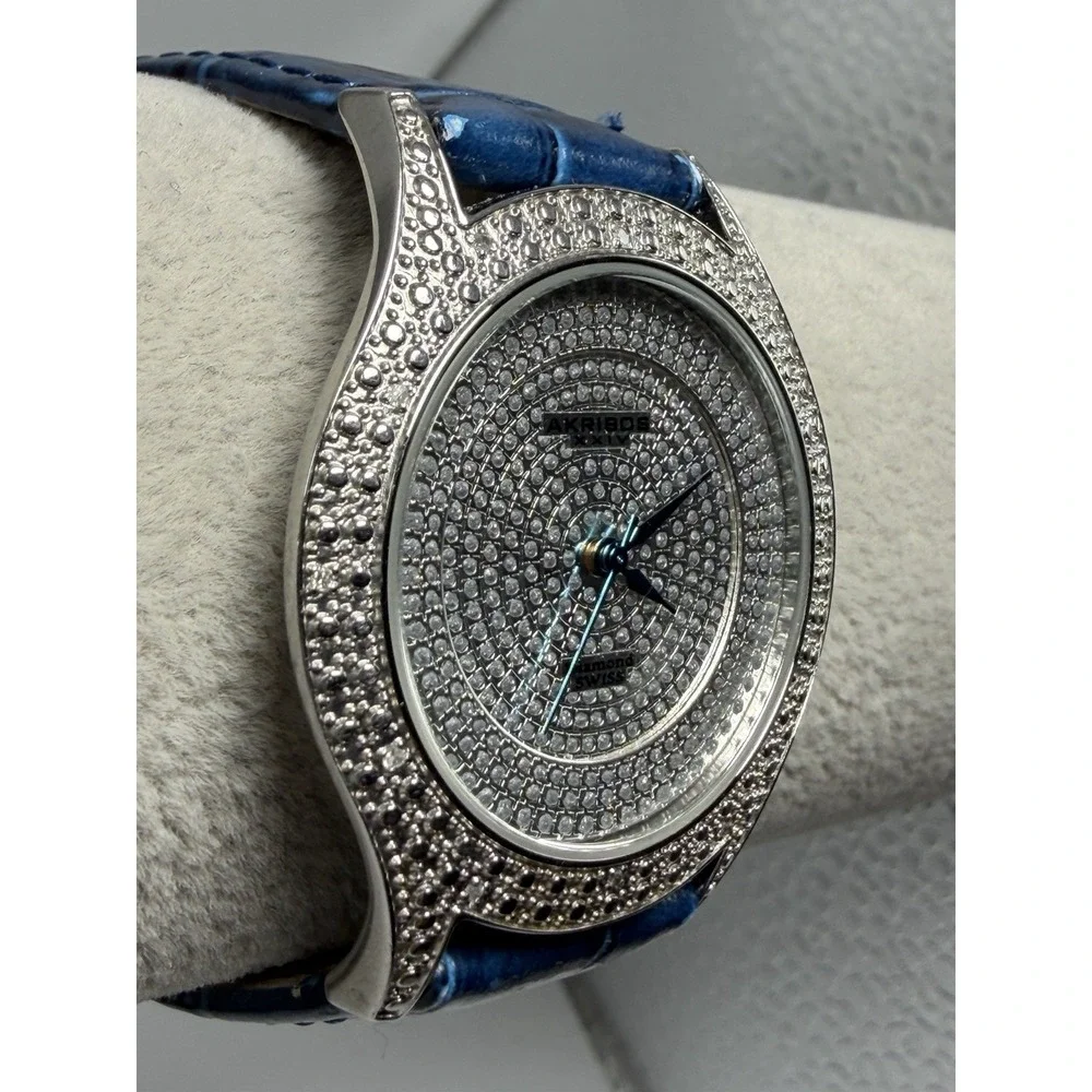 Akribos XXIV New Battery Diamond Mens Watch AK464BU 35MM 7.75